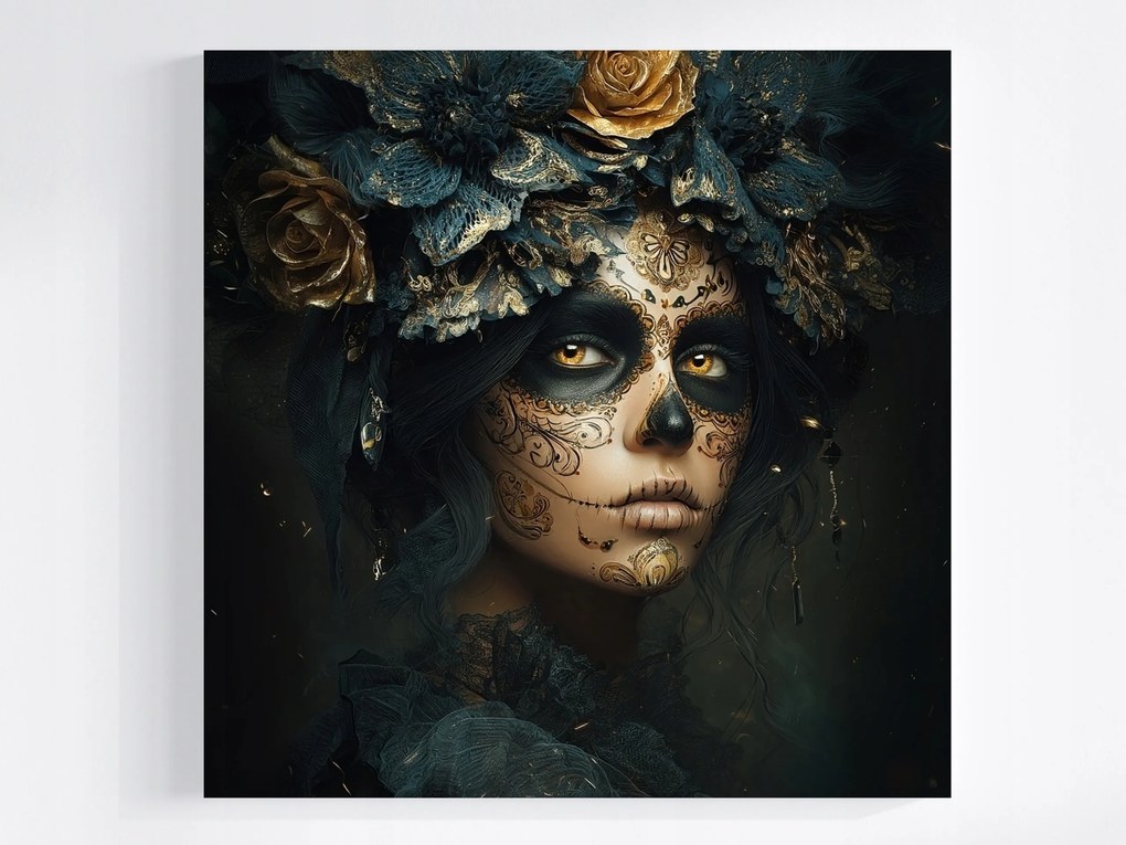Canvas Vászonkép Dia De Los Muertos Catrina Arany Rózsák Art 40x40