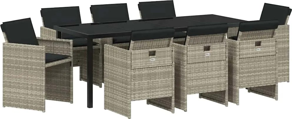 vidaXL Kert étkező szett párnával 9 pcs Világosszürke polirattan