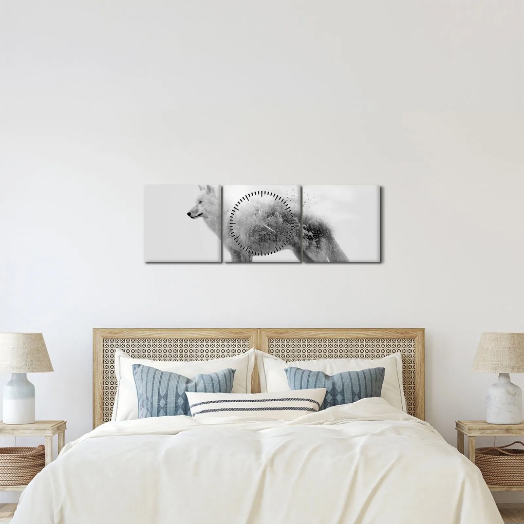 Kép - Vad tájat tükröző sarkvidéki farkas, fekete-fehér (órával) (90x30 cm)