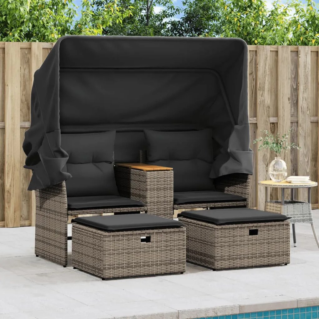 2 személyes szürke polyrattan kerti kanapé baldachinnal/székkel