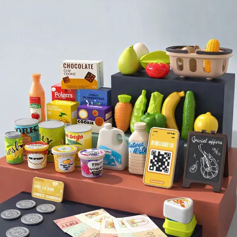 Intelligens pénztárgép gyerekeknek, 77 darabos, szkennerrel, hangvezérléssel, szállítószalaggal, mérleggel és élelmiszerekkel