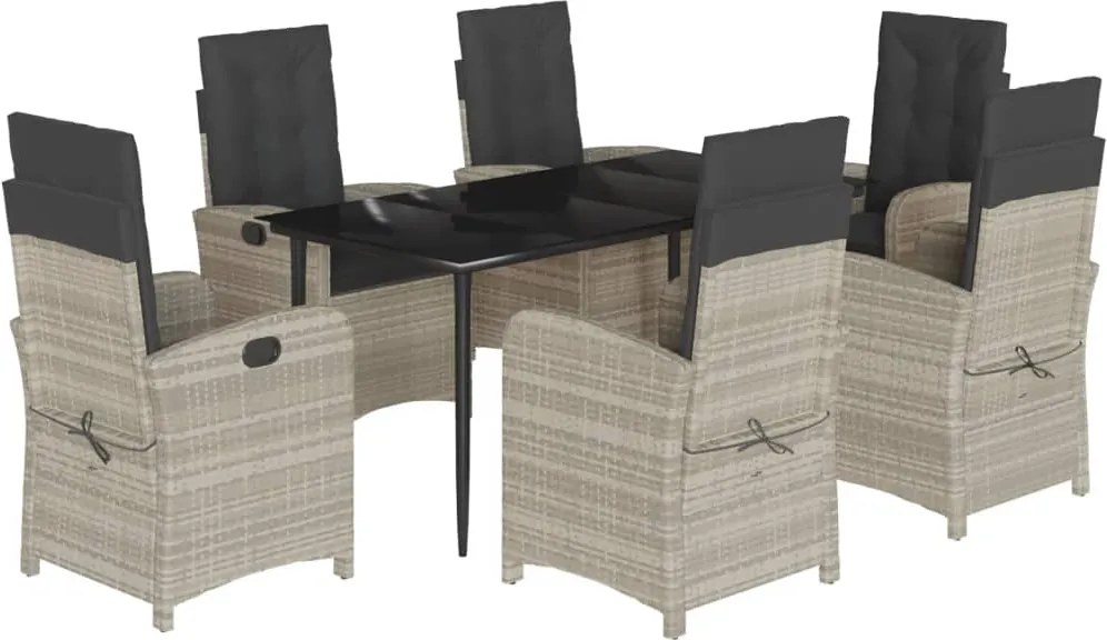 vidaXL 7 részes világosszürke polyrattan kerti étkezőszett párnával