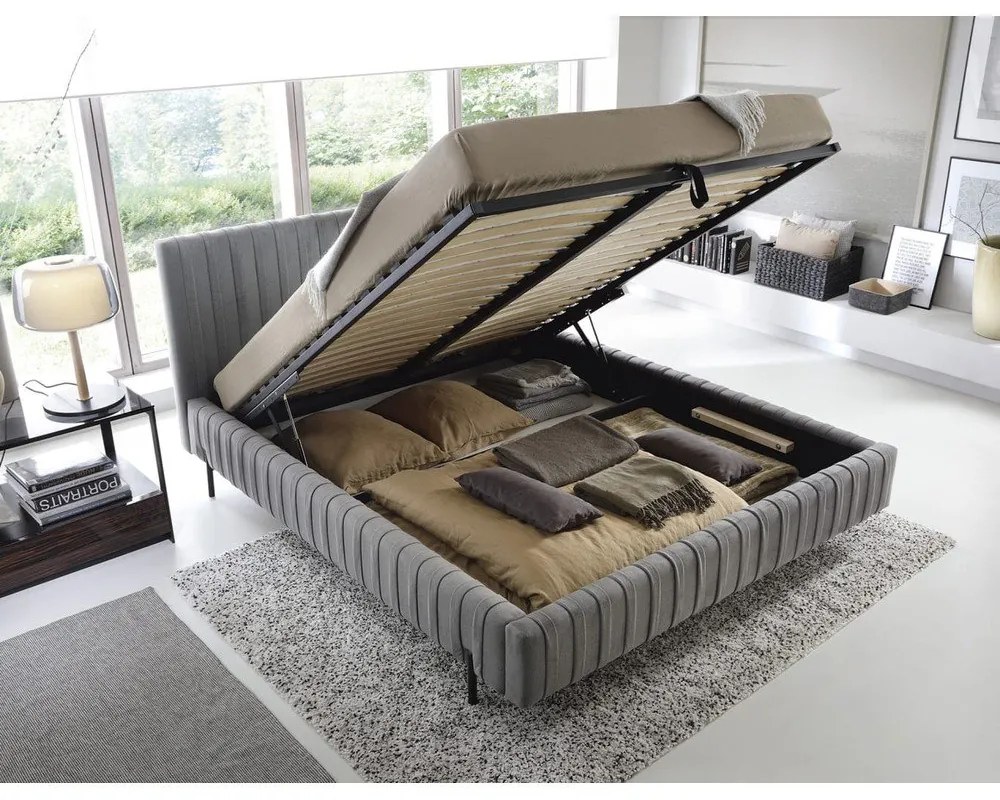 Szürke kárpitozott ágyneműtartós franciaágy ágyráccsal 180x200 cm Plissa – ELTAP