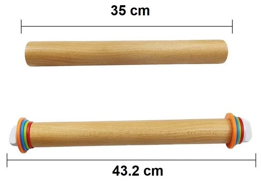 Állítható méretű nyújtóhenger, 4 méret, fa, 35,5 cm