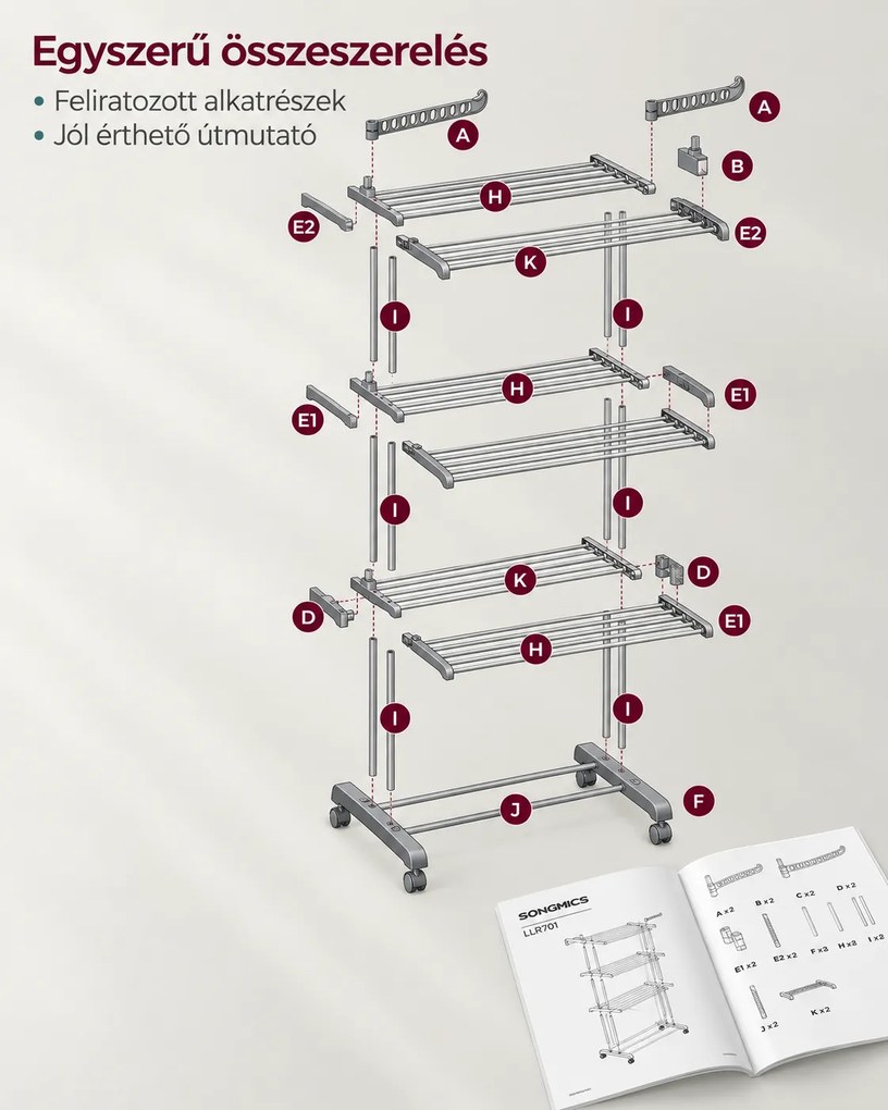 SONGMICS 4 szintes összecsukható ruhaszárító állvány, 3 szárítószinttel, cipőtartóval és görgőkkel, 126 x 64 x 172 cm, max. 35 kg, szürke