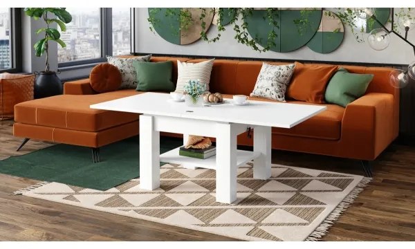 CALEB fehér, kihúzható dohányzó- és étkezőasztal emelhető asztallappal