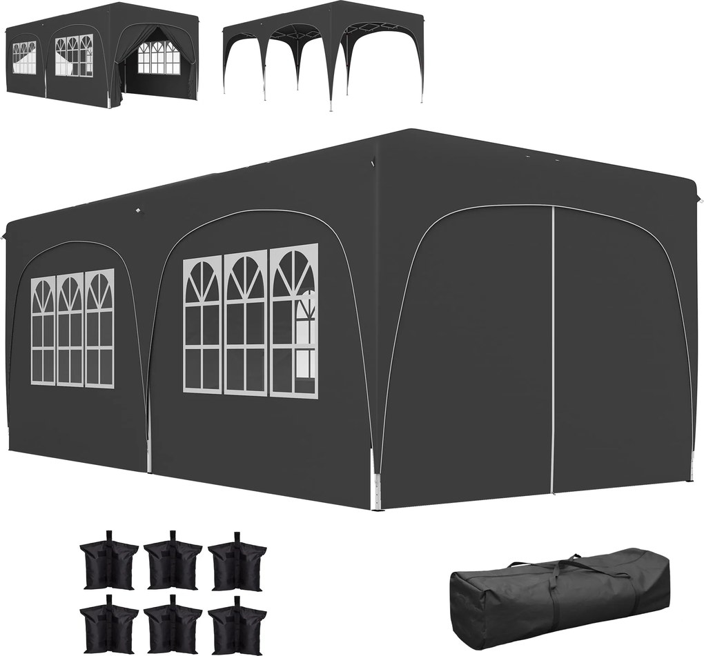 Outsunny Összecsukható Pavilon 3x6 m UPF50+ Oldalfalakkal - Állítható Magasságú Kerti Pavilon Hordtáskával Kempingezéshez, Bulikhoz, Teraszra - Sötéts