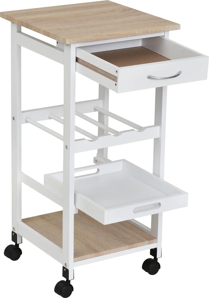 HOMCOM Konyhai Kocsi 4-Szintes Tálalókocsi Kerekekkel Fiók Polcok Borállvány Konyhai Tárolásra Lakásba Étkezőbe 37x37x76 cm Fehér | Aosom