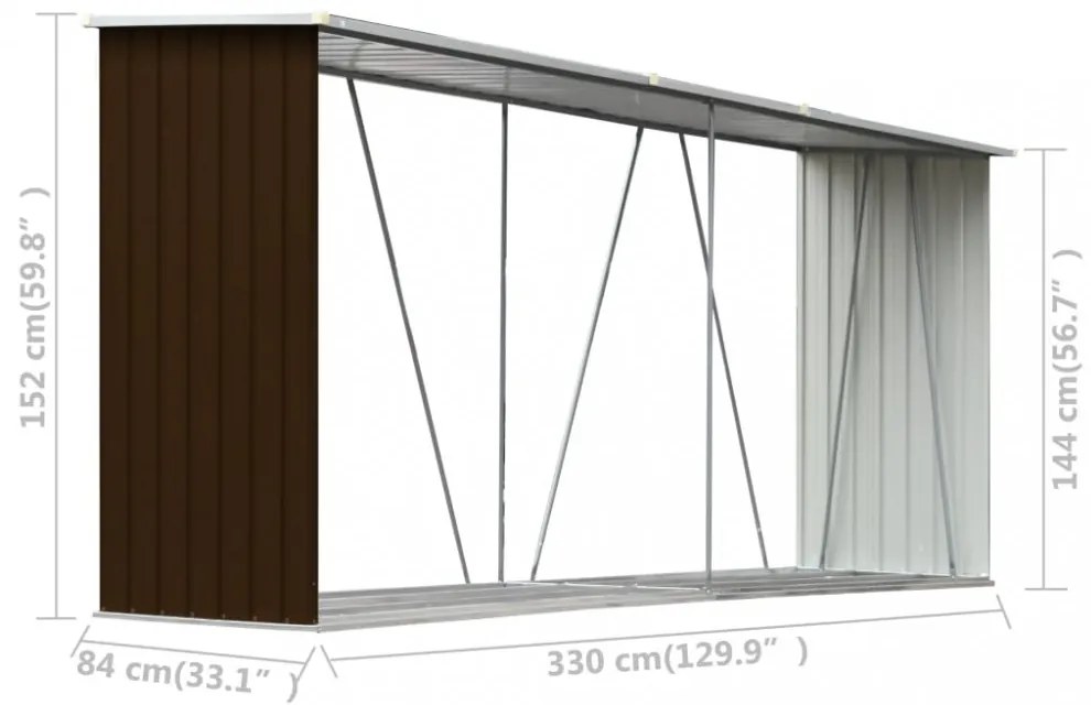 barna horganyzott acél kerti tűzifatároló 330 x 84 x 152 cm