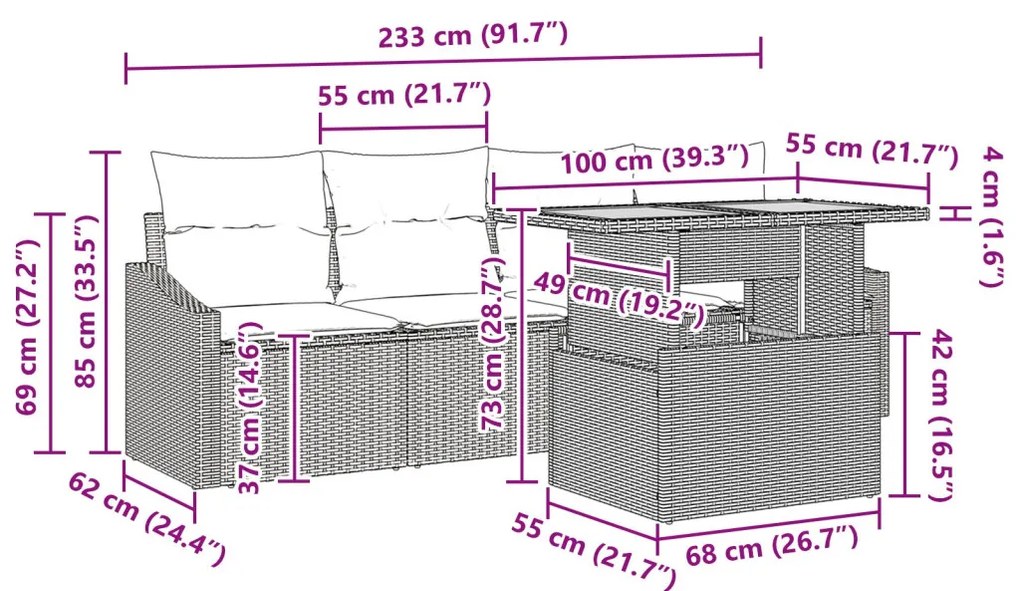 5 Részes Kert Étkezőszett Párnákkal, Fekete Poli Rattan Akáccal