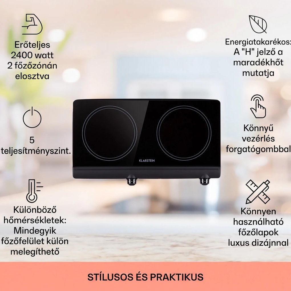 Klarstein Cookbuddy, főzőlap, 2400 W, 2 főzőlap, 5 teljesítményszint, üvegkerámia