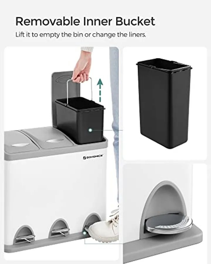 3 x 8 literes konyhai szemetes tetővel, fém pedálos, acél, könnyen tisztítható, fehér és szürke