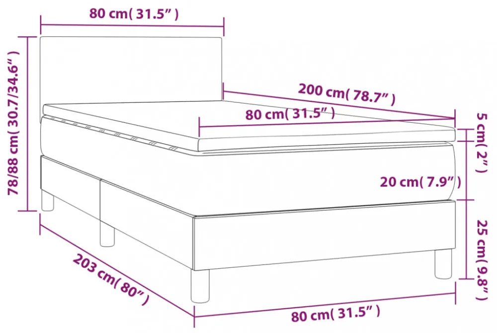 fekete bársony rugós és LED-es ágy matraccal 80 x 200 cm