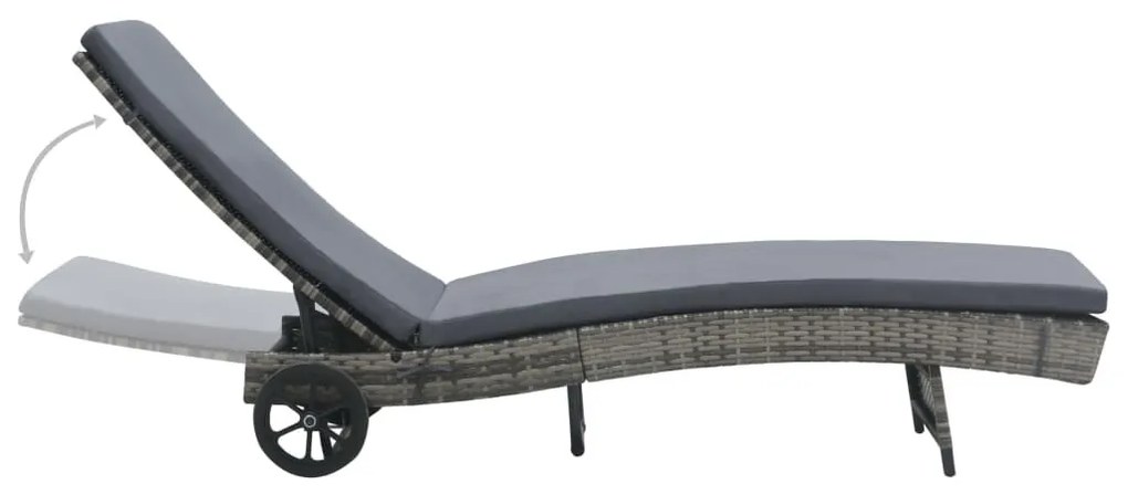 Antracitszürke polyrattan napozóágy kerekekkel és párnával