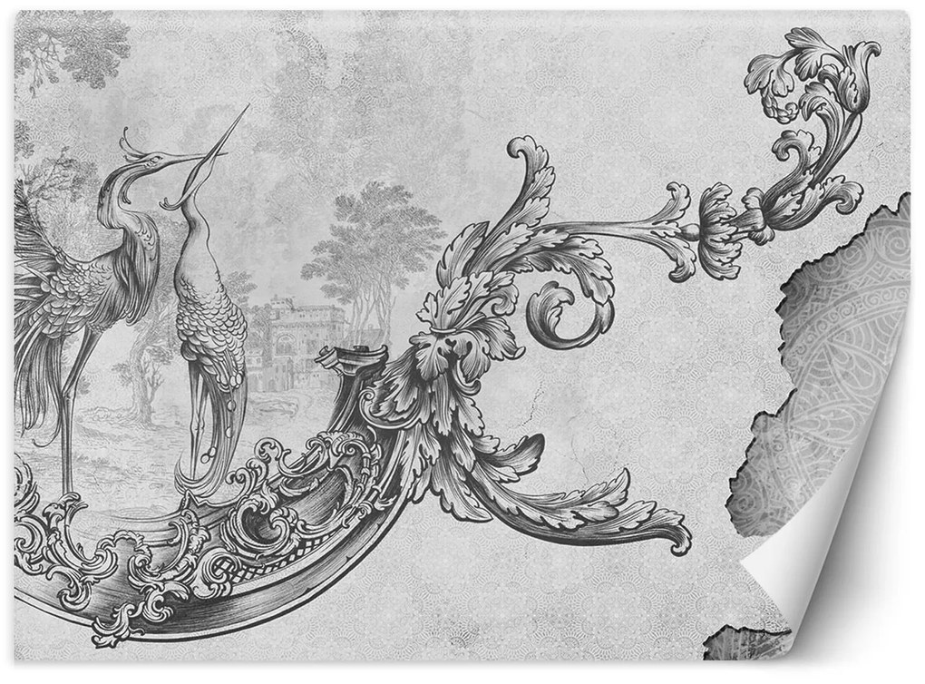 Gario Fotótapéta Vadmadarak és levelek keleti freskón, fekete-fehér Anyag: Vlies, Méret: 150 x 105 cm
