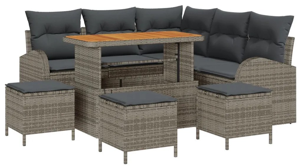 8 darabos kerti kanapészett párnákkal, szürke poli rattan akáccal, 2 személyes kerti kanapé párnákkal, szürke poli rattan, 3 darabos kerti étkezőszett párnákkal, szürke poli rattan akáccal