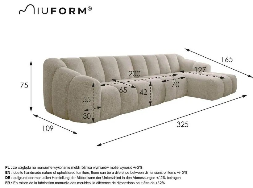 Világosszürke sarokkanapé (jobb oldali-heverő résszel) Shell – Miuform