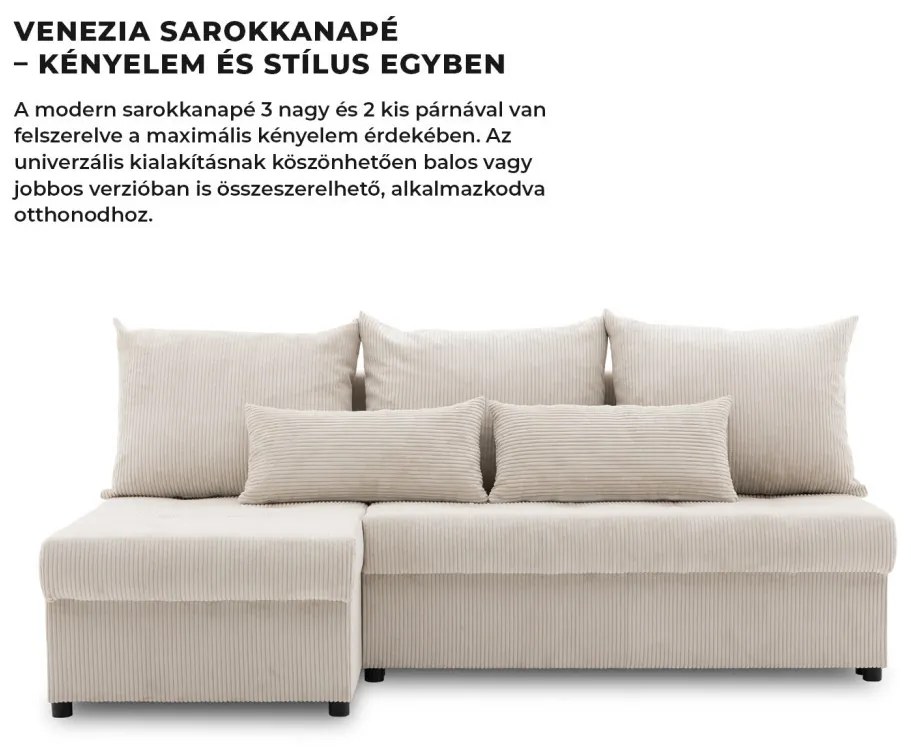 Venezia sarokkanapé, kordbársony, univerzális oldal, bonell töltet, bézs