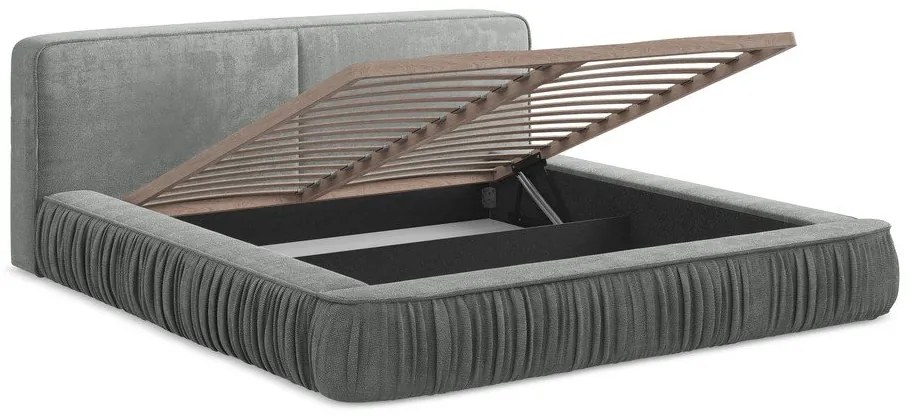 Szürke kárpitozott ágyneműtartós franciaágy ágyráccsal 160x200 cm Keoni – Makamii