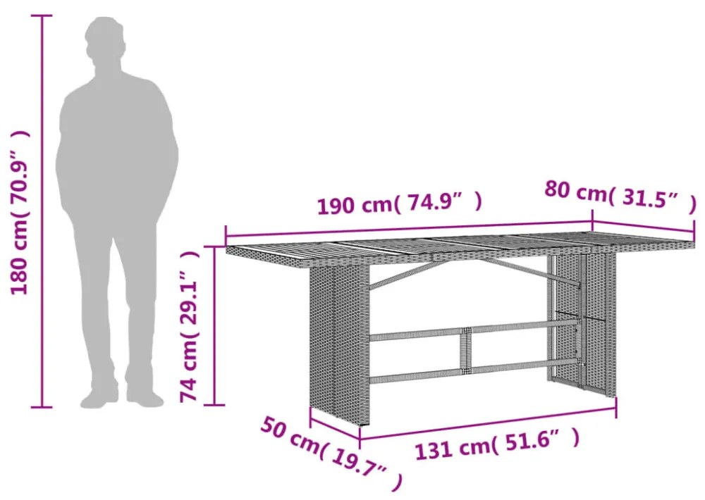 fekete polyrattan akácfa lapos kerti asztal 190 x 80 x 74 cm