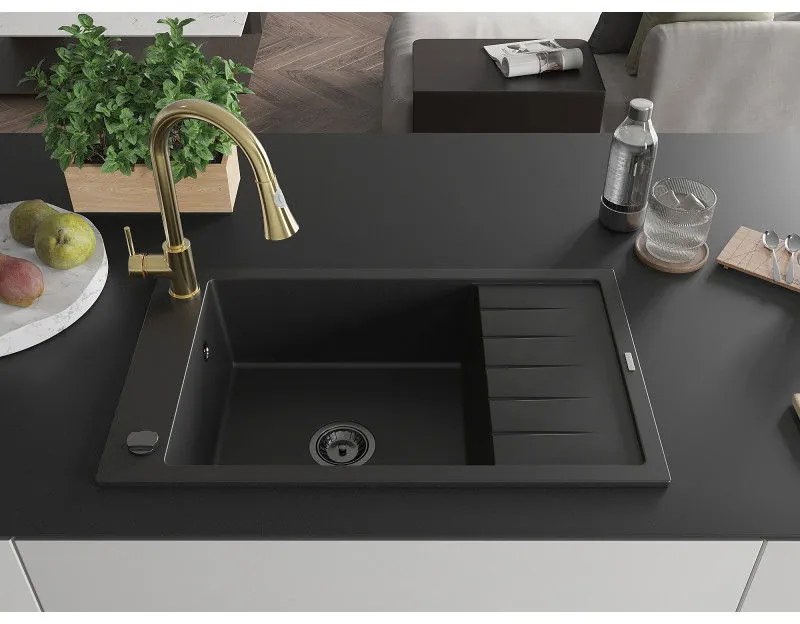 Mexen Elias, 1 kamrás gránit mosogató 795x480x200 mm és Elia mosogató csaptelep, fekete, 6511-77-670101-50-B