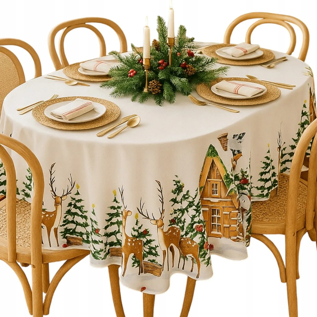 Abrosz Ovális karácsonyi asztalra Fehér hóemberek Karácsony 130x180