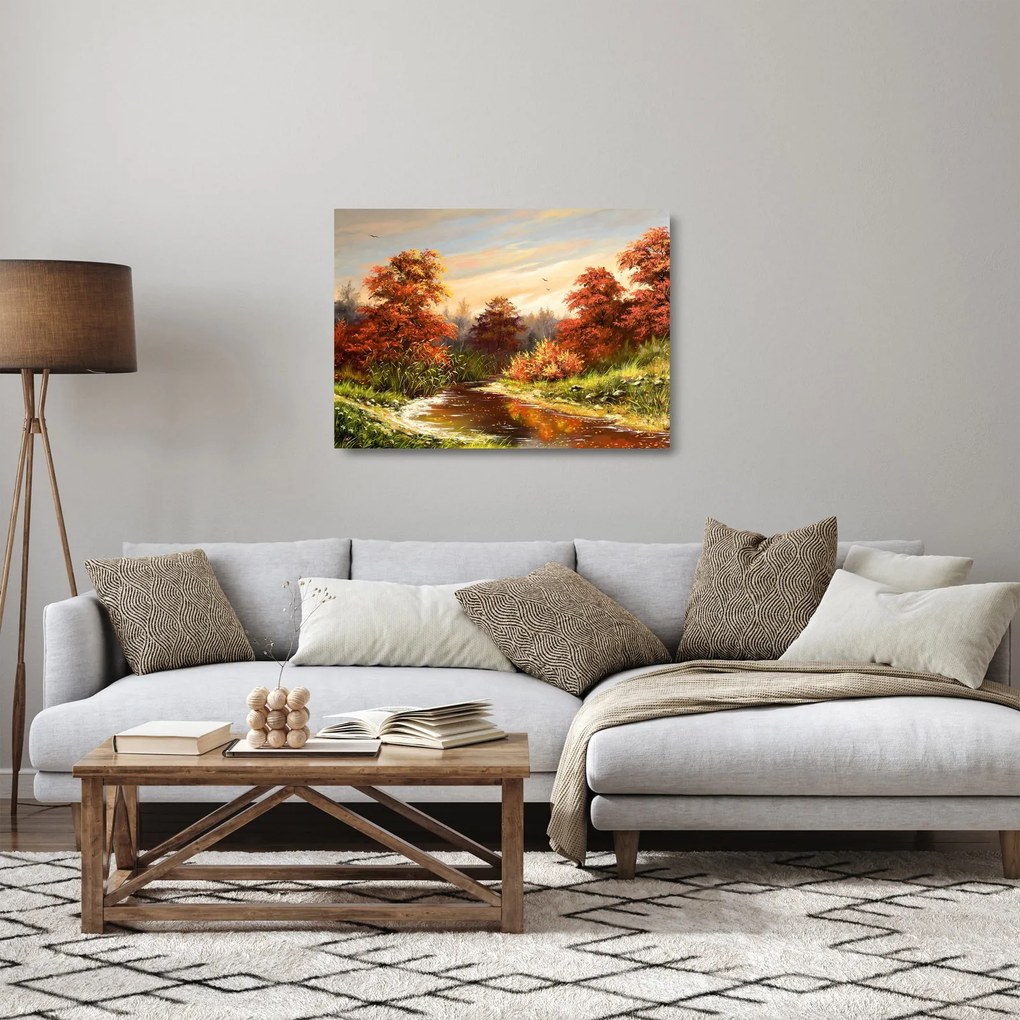 Kép egy folyóról egy őszi tájban, olajfestmény (üvegen) (70x50 cm)
