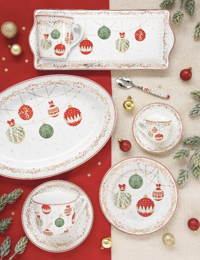 Karácsonyi gömbökkel díszített porcelán asztali ovális kínáló tál Christmas Eve