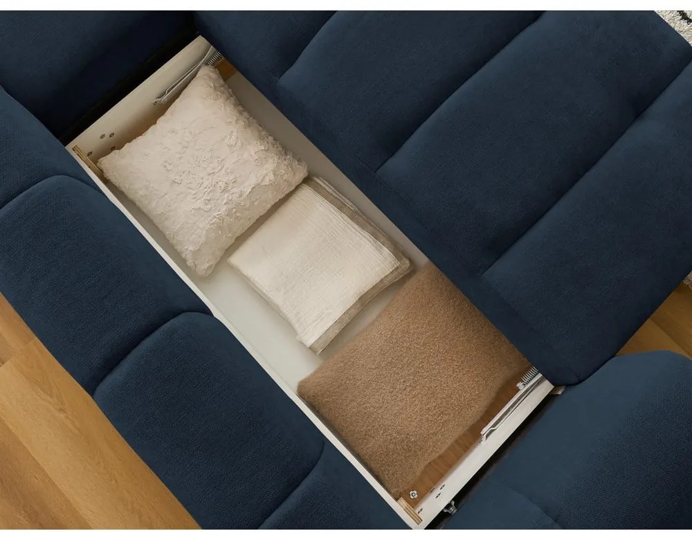 Sötétkék kinyitható-tárolóhelyes sarokkanapé (jobb oldali-heverő résszel) Fuji – Bobochic Paris