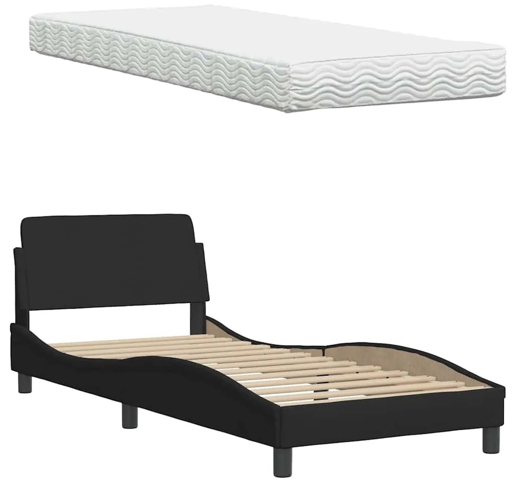 fekete szövet ágy matraccal 90x190 cm