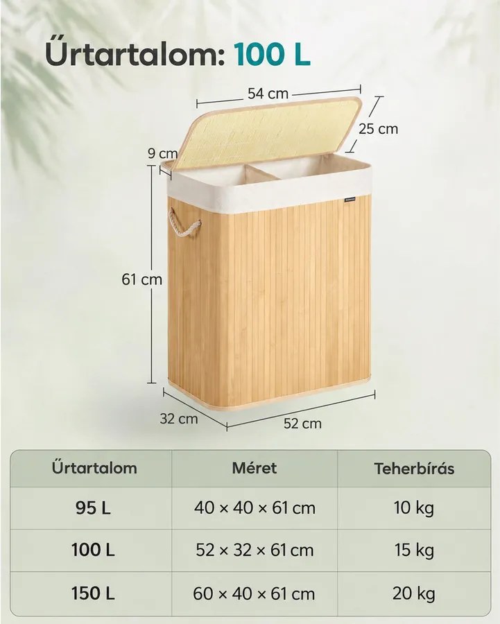 Fedeles bambusz mosókosár, 100 L, 2 rekeszes, hajtogatható bélészsákkal