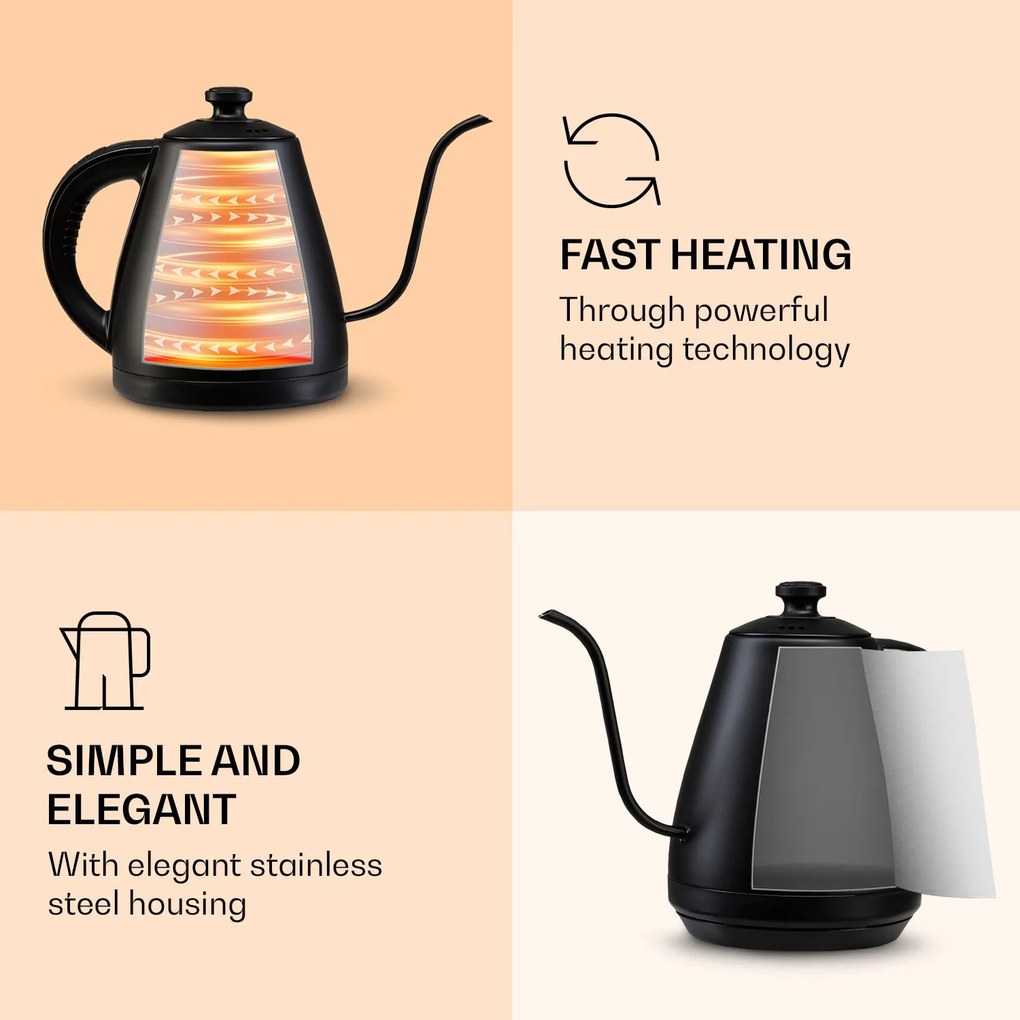 Klarstein Garcon, vízforraló, 1 L, 2000 W, melegentartó funkció, hattyúnyak, rozsdamentes acél