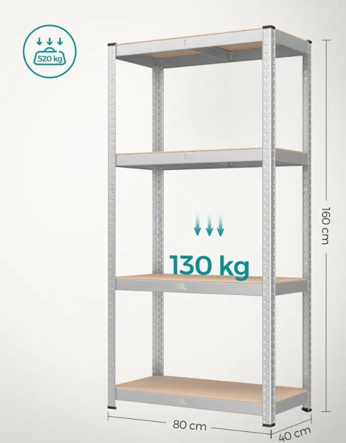 SONGMICS 2 db nagy teherbírású tárolóállvány, 4 állítható polccal, 80 x 40 x 160 cm, 520 kg/állvány, ezüst
