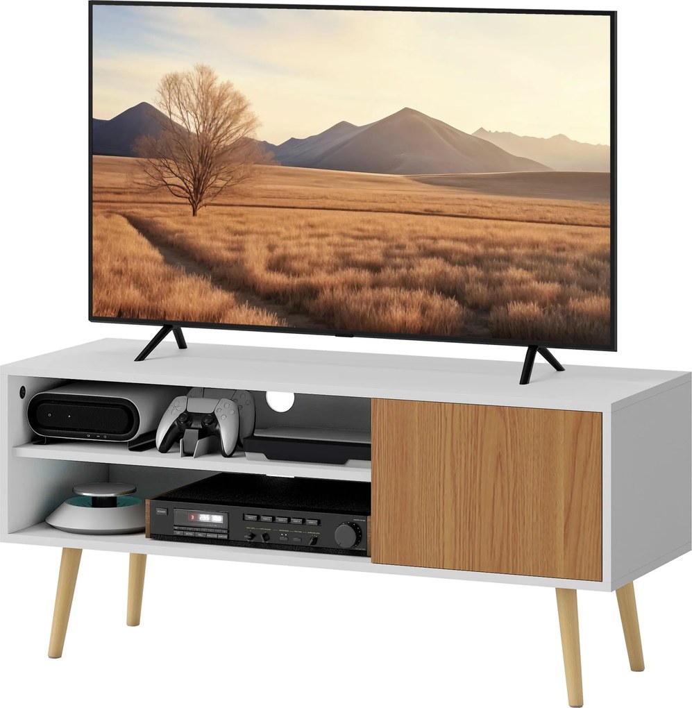 HOMCOM Modern TV Állvány TV Szekrény Nappaliba 2 Nyílt Rekesszel, 1 Ajtóval és Kábelnyílással 55 Hüvelykes TV-hez 110x40x50cm Fehér és Natúr | Aosom
