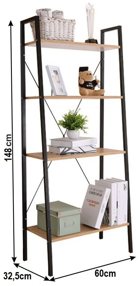 Intenso Home 4 szintes nyitott könyvespolc 60 x 148cm, döntött design, sonoma tölgy | Univerzális tároló állvány fém lábakkal