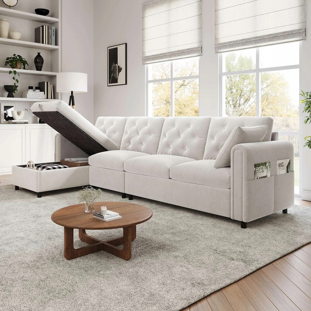 L-alakú sarokkanapé Bársony Négyszemélyes kanapé Bézs