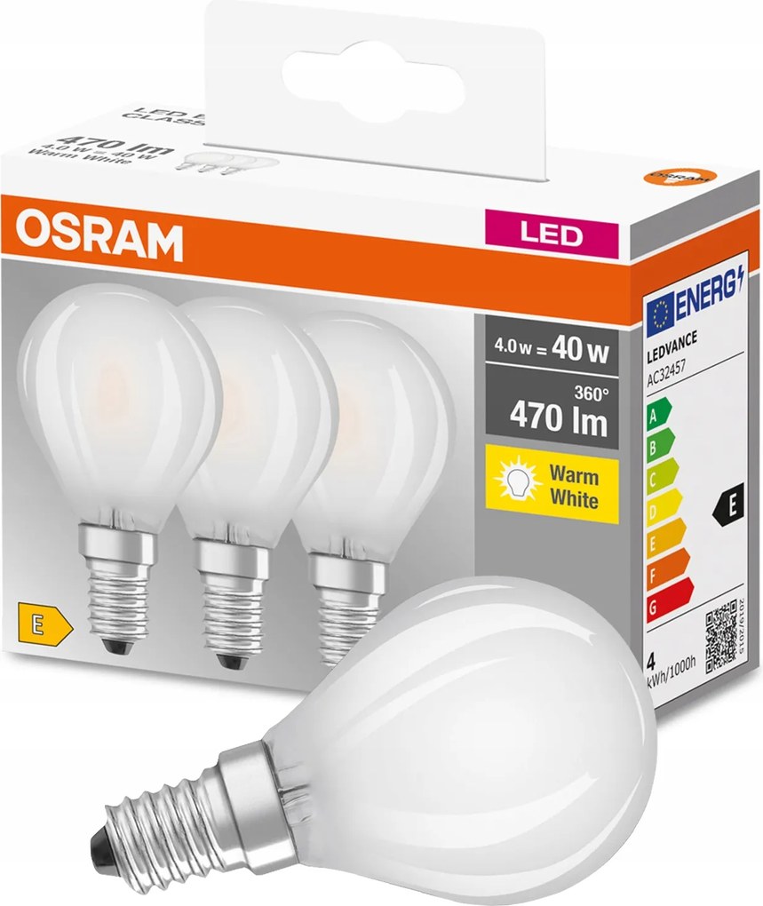 3PAK Led izzó E14 P45 4W 40W 470lm 2700K Meleg Osram