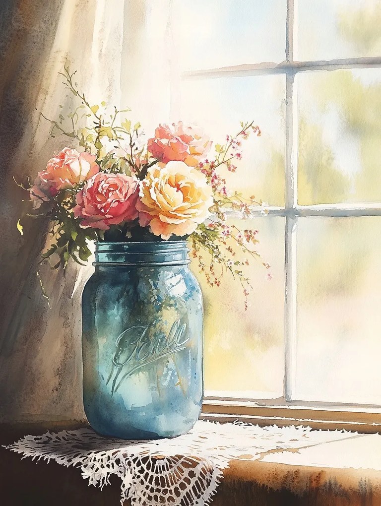 Vászonkép Canvas Akvarell Virágok Rózsák Befőttesüveg Ablak Shabby Chic 75x100