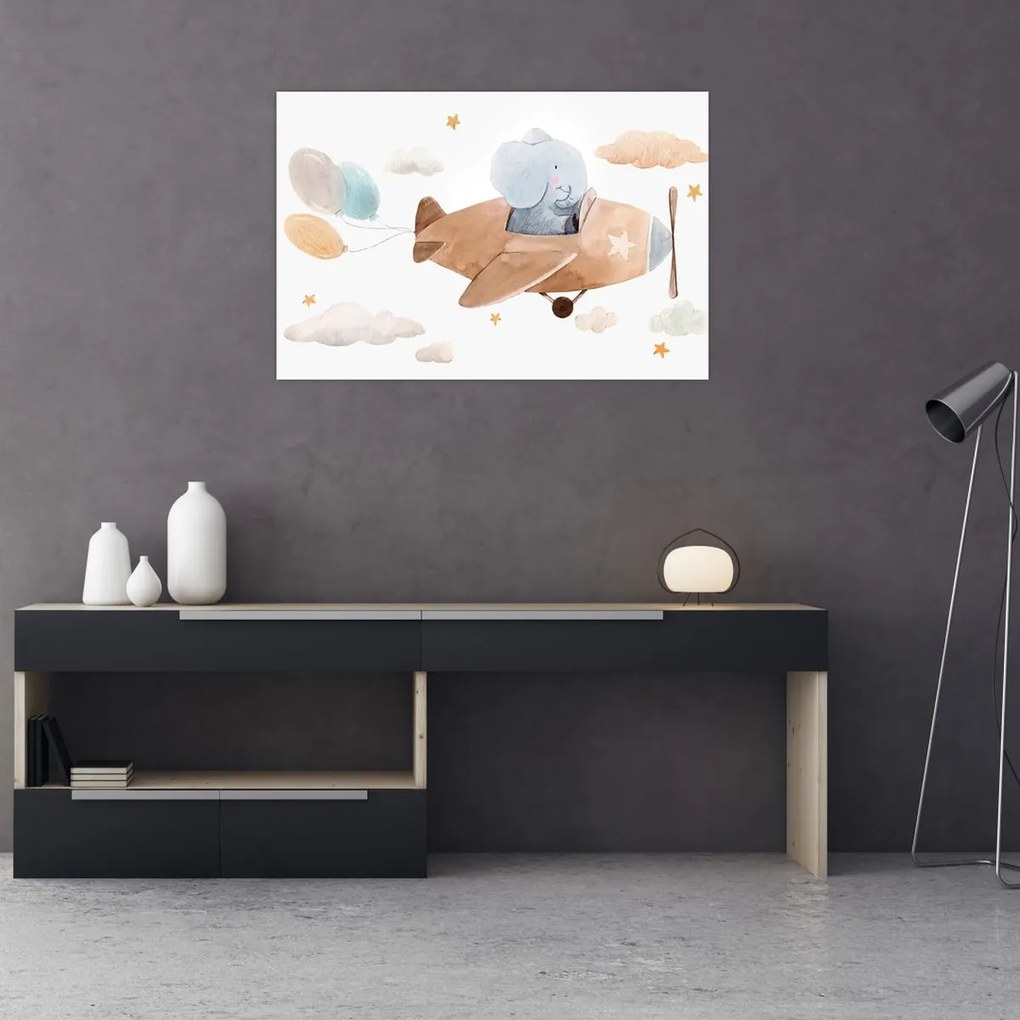 Kép - Akvarell elefánt egy repülőgépen (90x60 cm)