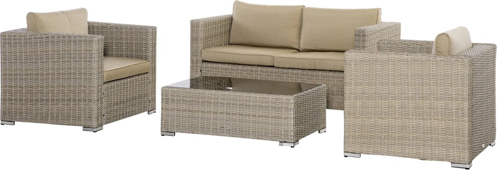 Outsunny 4 darabos PE Rattan Kerti Bútor Szett, Kültéri Pihenő 1 Kanapéval, 2 Karosszékkel, 1 Kávésasztallal és Levehető, Mosásra Alkalmas Párnákkal,