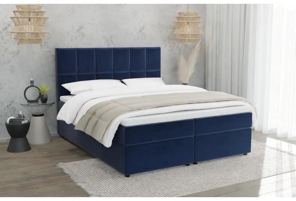 Sötétkék ágyneműtartós boxspring ágy 180x200 cm Flip – Ropez