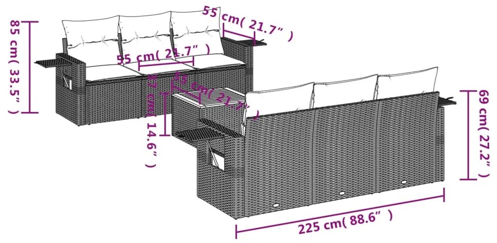 7 részes szürke polyrattan kerti ülőgarnitúra párnákkal