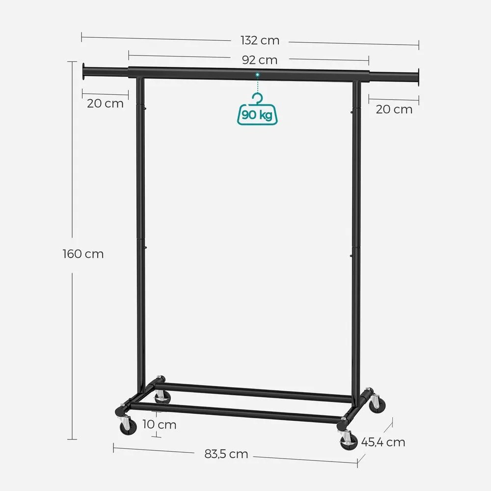 INEZ ruhatartó állvány kerekekkel, max. 90kg, 83,5x45x160cm, fekete SongmicsHome