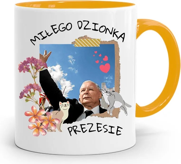 Sárga Vicces Bögre Jaroslaw Kaczynski felirattal, fényképpel