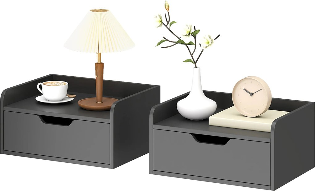 HOMCOM 2 db lebegő falra szerelhető éjjeliszekrény csúszó fiókkal és polccal, fekete — 40 x 30 x 19,5 cm | Aosom