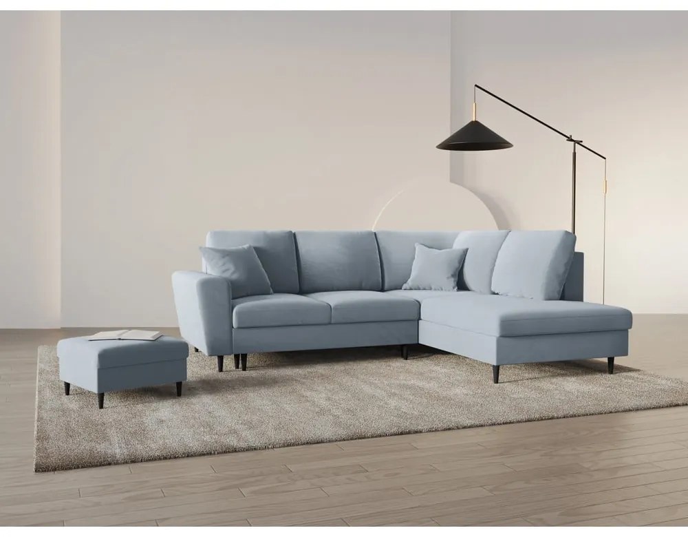 Világoskék bársony kinyitható tárolóhelyes sarokkanapé (jobb oldali-L alakú) Kyoto – Cosmopolitan Design