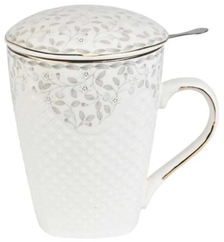 Porcelán teás bögre tetővel és fémszűrővel 430 ml leveles