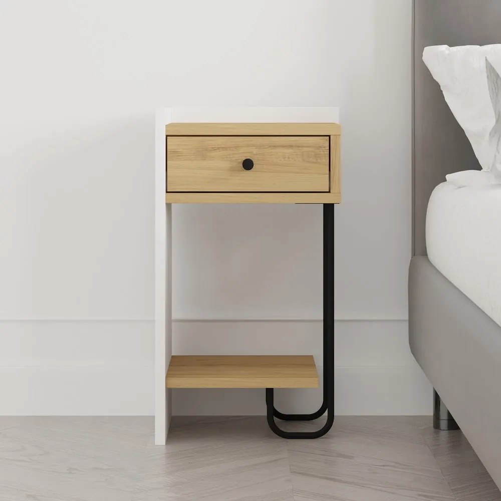 Fehér-natúr színű éjjeliszekrény tölgyfa dekorral Mercure – Marckeric