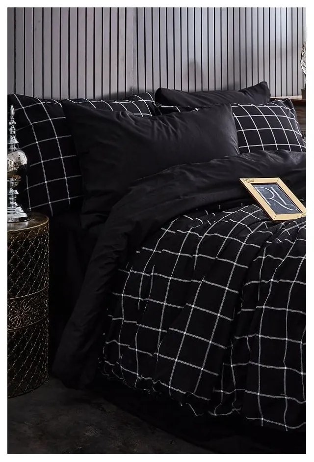 Fekete kétszemélyes hosszabbított négyrészes ágyneműhuzat lepedővel 200x220 cm Geometric – Mila Home
