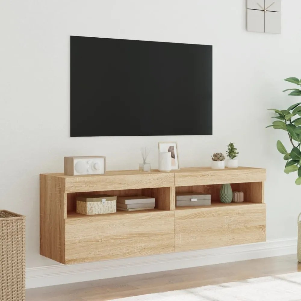 2 db sonoma tölgy színű fali TV-szekrény LED-del 60x30x40 cm